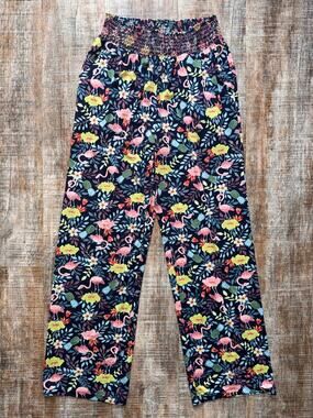 Blue Flamingo and Floral Tropical Lounge Pajama Pants Elastic Waist Pull On Med